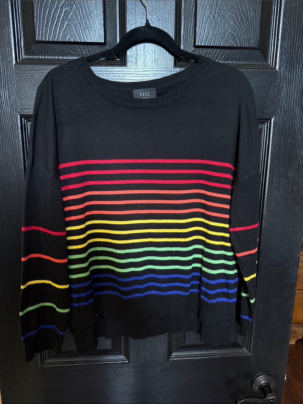 VICI Black Crewneck Sweater with Rainbow Stripes